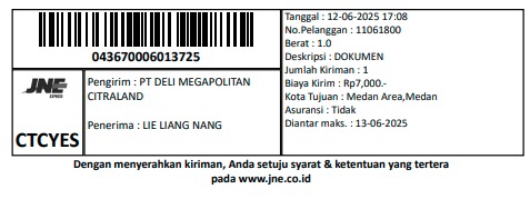 Sample JNE shipping label showing CTCYES package type